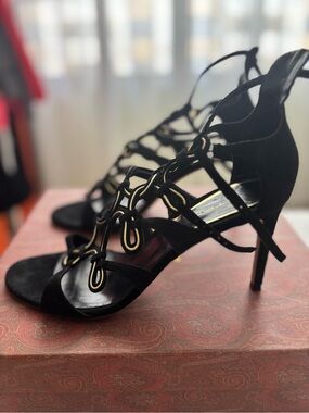 ETRO Black Suede Strappy High-Heel Sandals with Gold Trim